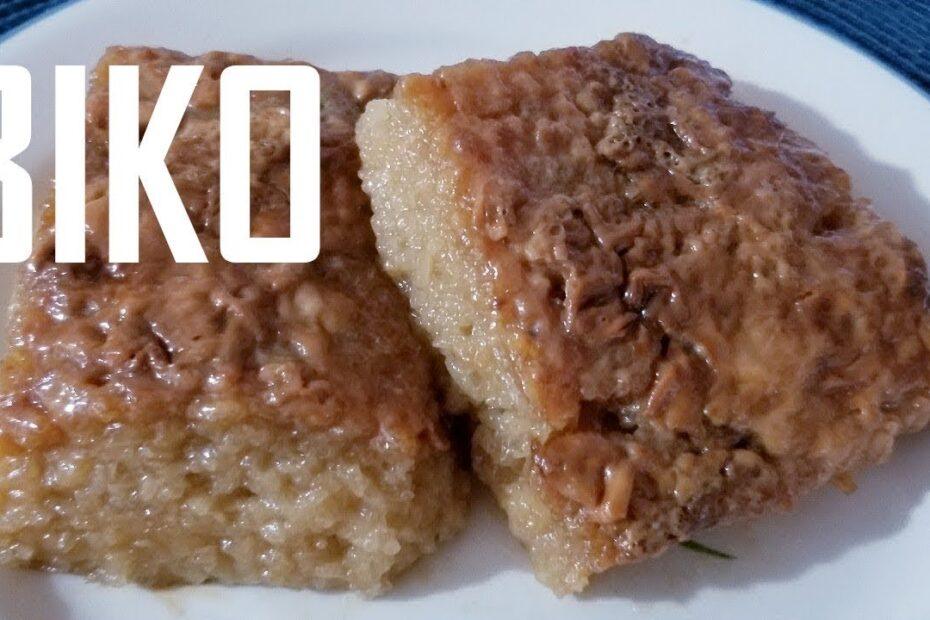 Biko recipe Filipino rice cake slices with a golden brown caramel topping on a white plate.