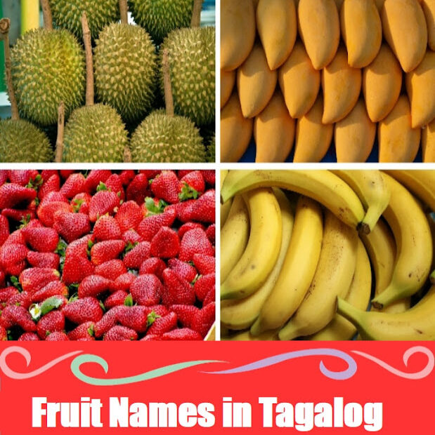 A bright and kid‑friendly educational image showing common Filipino fruits labeled with their Tagalog names. Features simple illustrations of fruits such as mangga (mango), saging (banana), pakwan (watermelon), ubas (grapes), and peras (pear), designed to help children learn Tagalog vocabulary through colorful visuals.