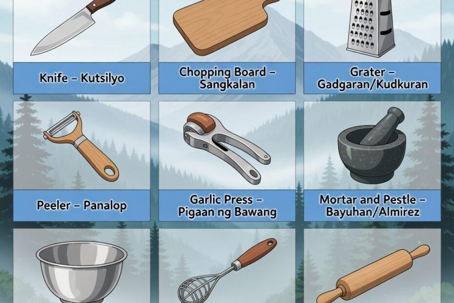 40+ Essential Tagalog Kitchen Utensils You Must Know to Master Filipino Cooking A chart of food preparation tools with English and Tagalog names, including a knife, peeler, and mortar and pestle set against a scenic mountain background.