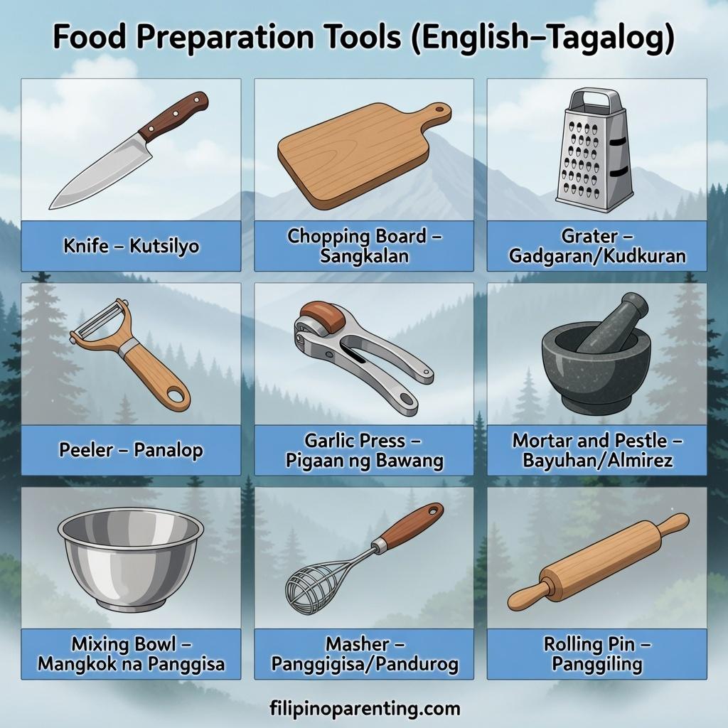 40+ Essential Tagalog Kitchen Utensils You Must Know to Master Filipino Cooking A chart of food preparation tools with English and Tagalog names, including a knife, peeler, and mortar and pestle set against a scenic mountain background.