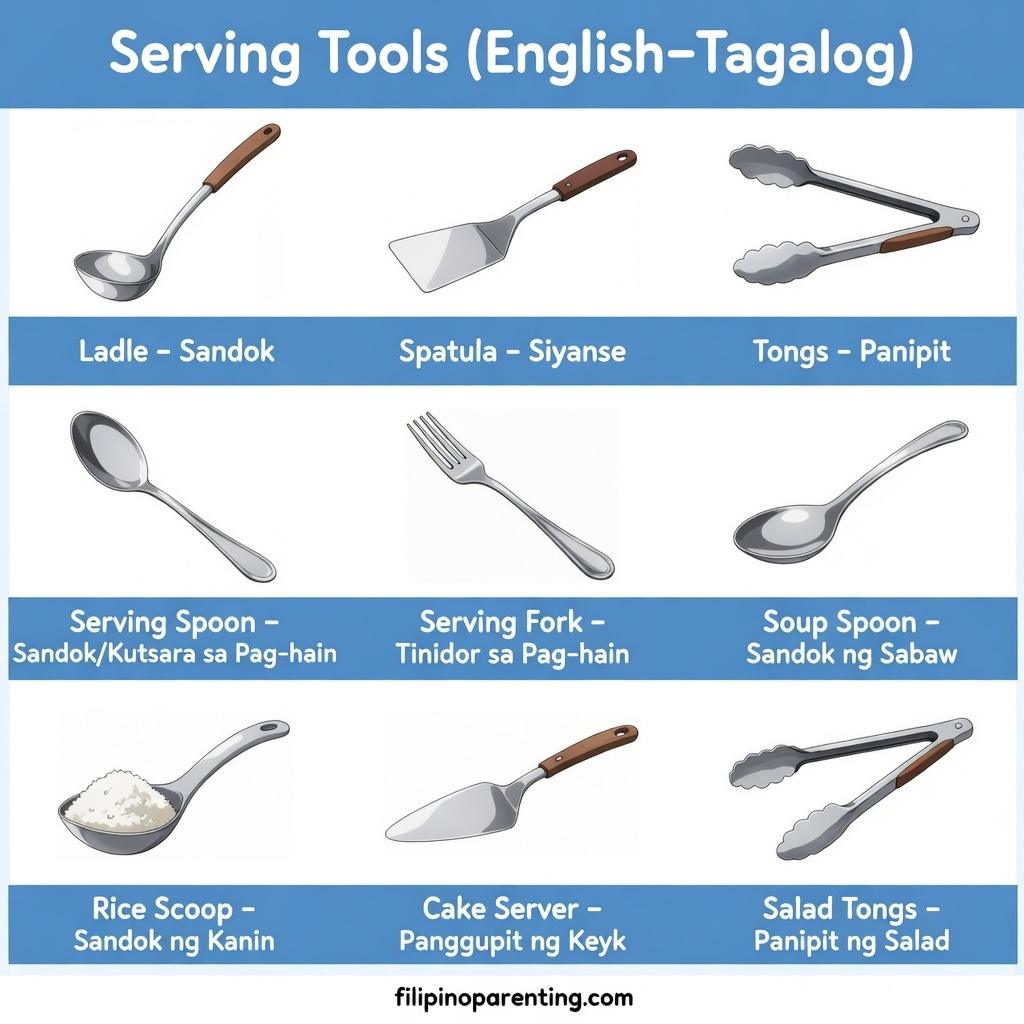40+ Essential Tagalog Kitchen Utensils You Must Know to Master Filipino Cooking Infographic showing nine serving tools with English and Tagalog labels, including a rice scoop, cake server, and salad tongs.