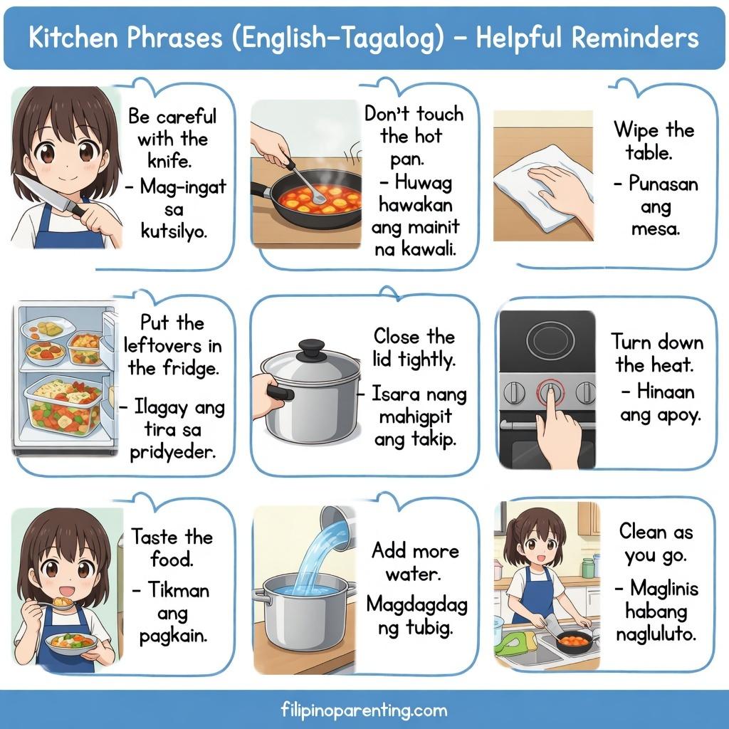 40+ Essential Tagalog Kitchen Utensils You Must Know to Master Filipino Cooking Infographic of kitchen phrases in Tagalog and English including reminders for safety, cleaning, and cooking.