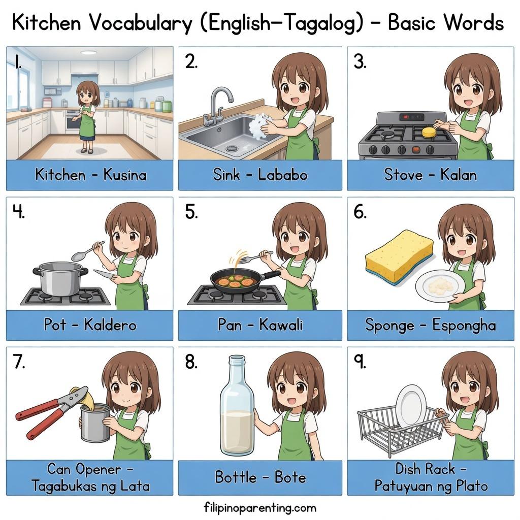 40+ Essential Tagalog Kitchen Utensils You Must Know to Master Filipino Cooking Graphic showing nine basic kitchen items and areas with their English and Tagalog names, including the sink, stove, and can opener.