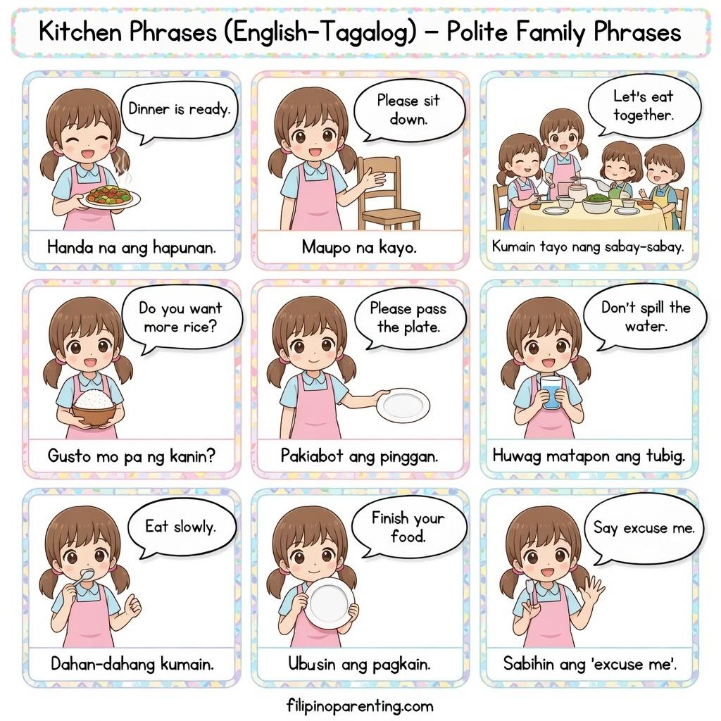 40+ Essential Tagalog Kitchen Utensils You Must Know to Master Filipino Cooking Infographic showing nine polite Tagalog family phrases for dining, including invitations to eat and table manners.