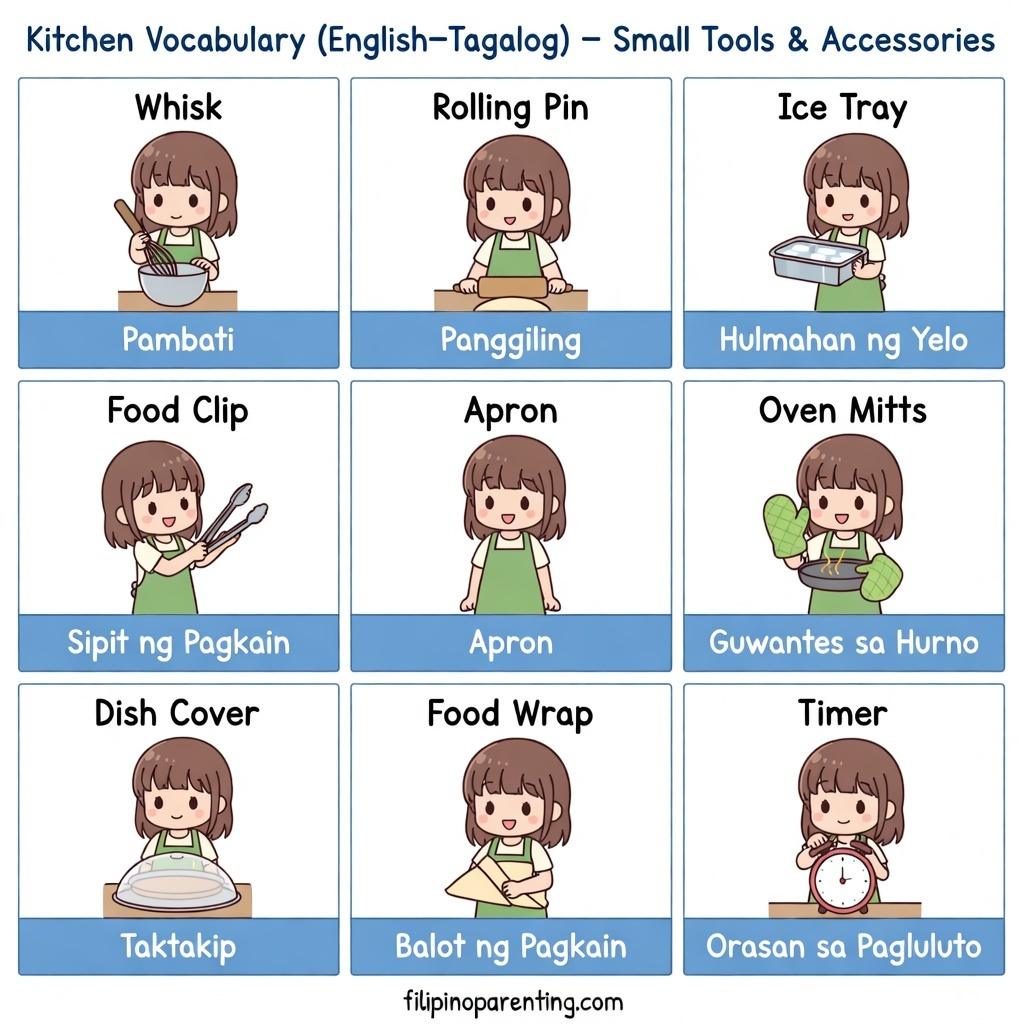 40+ Essential Tagalog Kitchen Utensils You Must Know to Master Filipino Cooking Infographic of nine small kitchen tools and accessories with their English and Tagalog names.