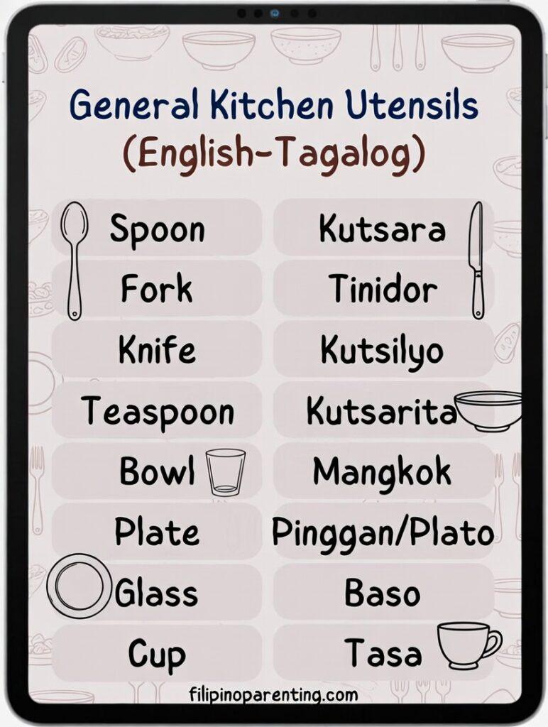 40+ Essential Tagalog Kitchen Utensils You Must Know to Master Filipino Cooking Master your household vocabulary with our essential guide to kitchen utensils Tagalog names. Learn the correct Filipino terms for everyday dining items, including Kutsara (Spoon), Tinidor (Fork), Kutsilyo (Knife), Kutsarita (Teaspoon), Mangkok (Bowl), Pinggan/Plato (Plate), Baso (Glass), and Tasa (Cup). Perfect for improving your Tagalog fluency in the kitchen.