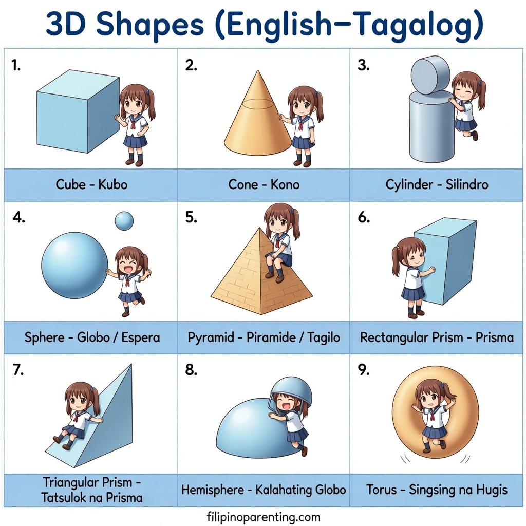 15 Essential Shapes in Tagalog to Master Your Filipino Vocabulary A visual reference chart for three-dimensional shapes in Tagalog and English, featuring a kubo (cube), kono (cone), and silindro (cylinder).