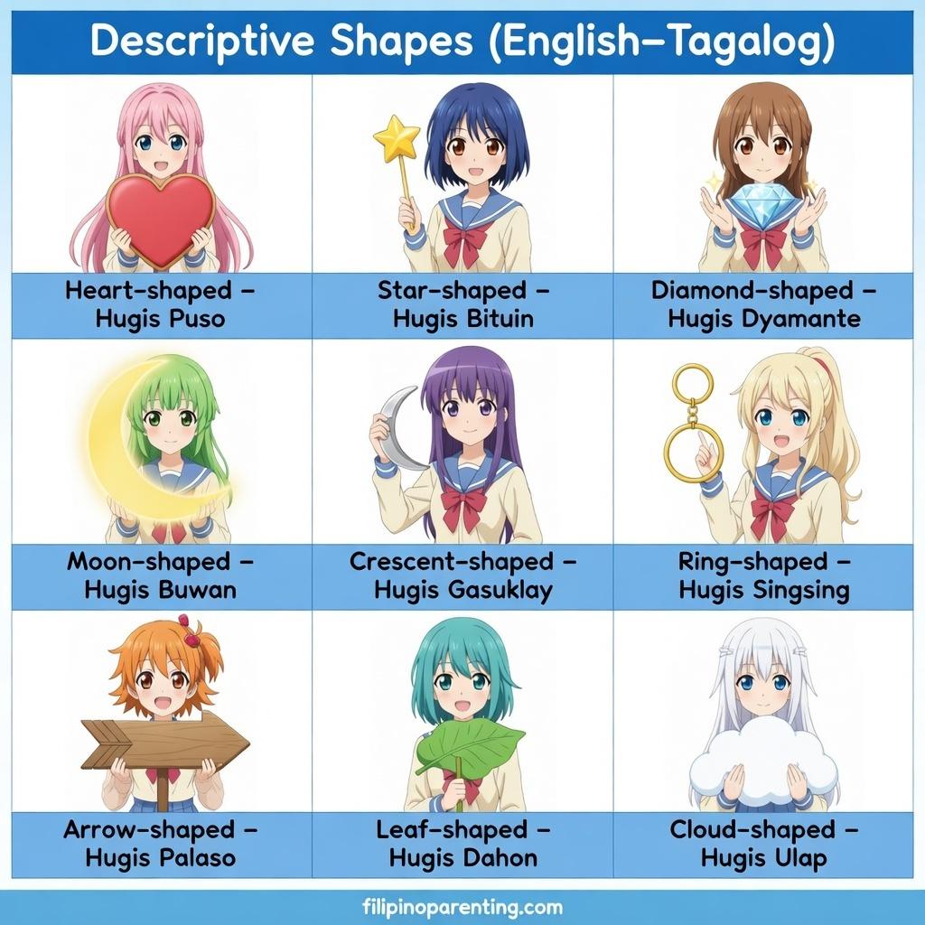 15 Essential Shapes in Tagalog to Master Your Filipino Vocabulary A visual guide showing descriptive shapes in Tagalog and English, such as hugis puso, hugis bituin, and hugis dahon, with anime-style characters.