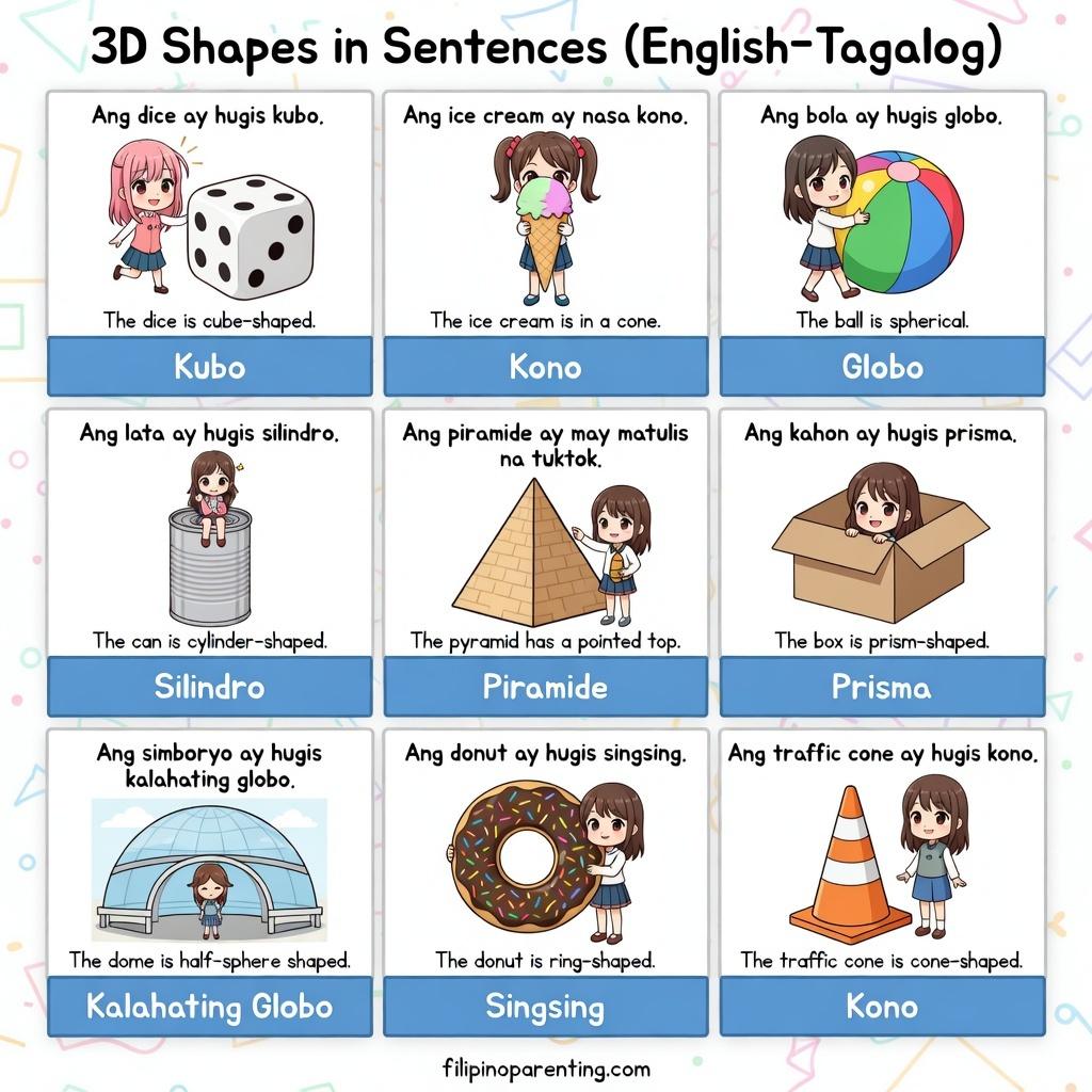 15 Essential Shapes in Tagalog to Master Your Filipino Vocabulary A visual guide showing 3D shapes in Tagalog sentences, featuring a kubo (cube), kono (cone), and globo (sphere) with English translations.