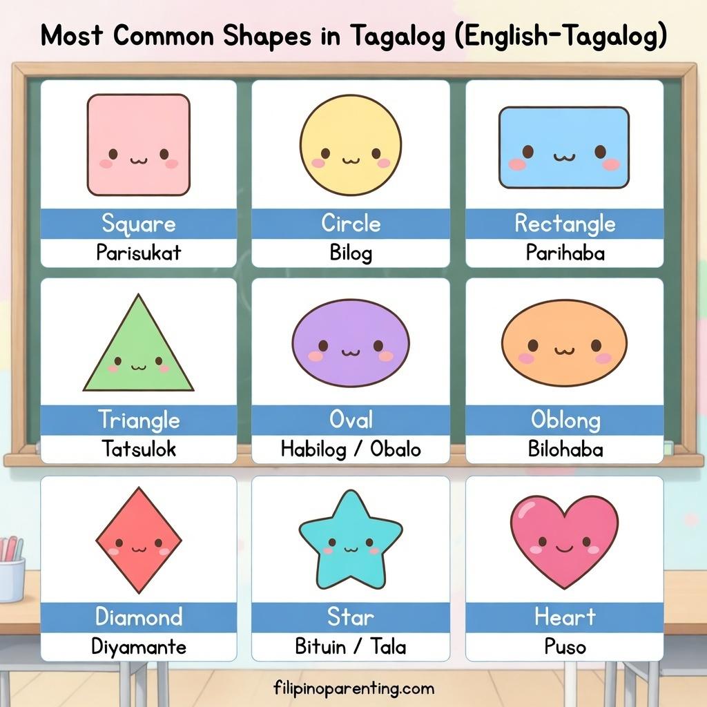 15 Essential Shapes in Tagalog to Master Your Filipino Vocabulary A visual guide showing advanced geometric shapes in Tagalog sentences, including pentagono, heksagono, and parigapay with anime-style characters.