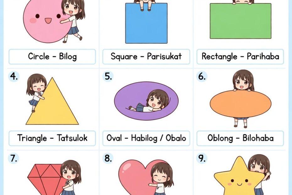 15 Essential Shapes in Tagalog to Master Your Filipino Vocabulary A visual guide to basic shapes in Tagalog and English, including bilog, parisukat, and tatsulok, perfect for mastering Filipino vocabulary.