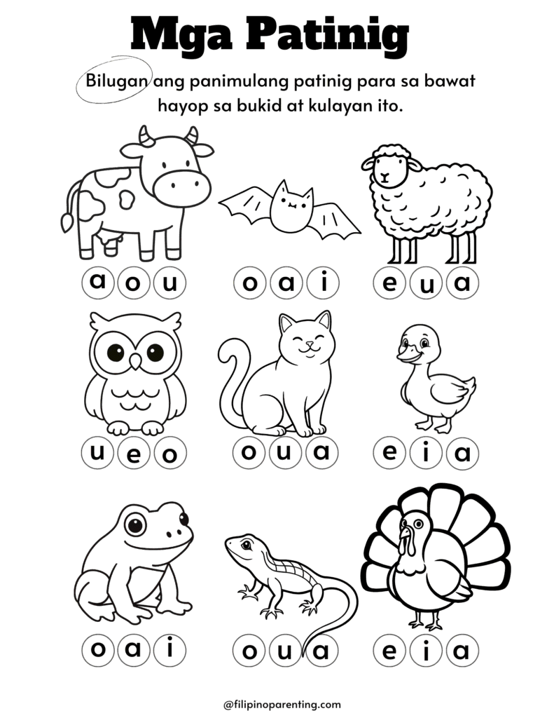 Free Tagalog Vowel Worksheets for Kindergarten: Circle Mga Patinig Free Tagalog Vowel Worksheets for Kindergarten: Circle Mga Patinig