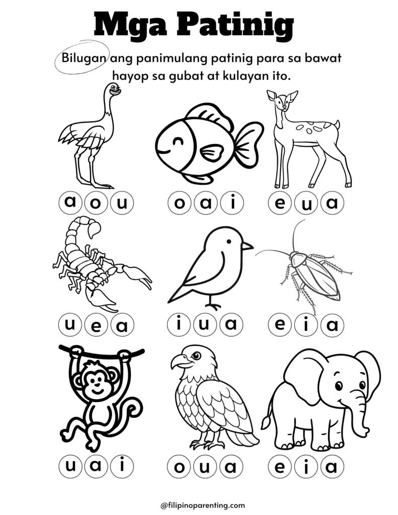 Free Tagalog Vowel Worksheets for Kindergarten: Circle Mga Patinig Free Tagalog Vowel Worksheets for Kindergarten: Circle Mga Patinig
