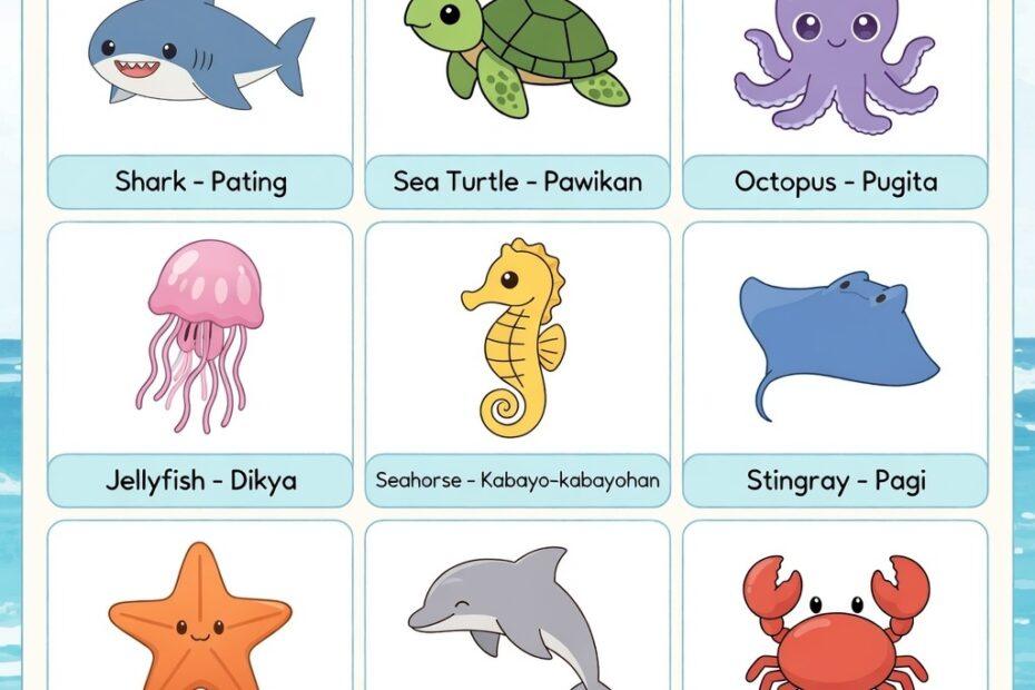 Sea Animals in Tagalog: 40+ Easy & Essential Ocean and Water Animal Names An educational chart showing various sea animals with English and Tagalog labels including Shark Pating, Sea Turtle Pawikan, Octopus Pugita, Jellyfish Dikya, Seahorse Kabayo-kabayohan, Stingray Pagi, Starfish Bituin sa Dagat, Dolphin Lumba-lumba, and Crab Alimasag.