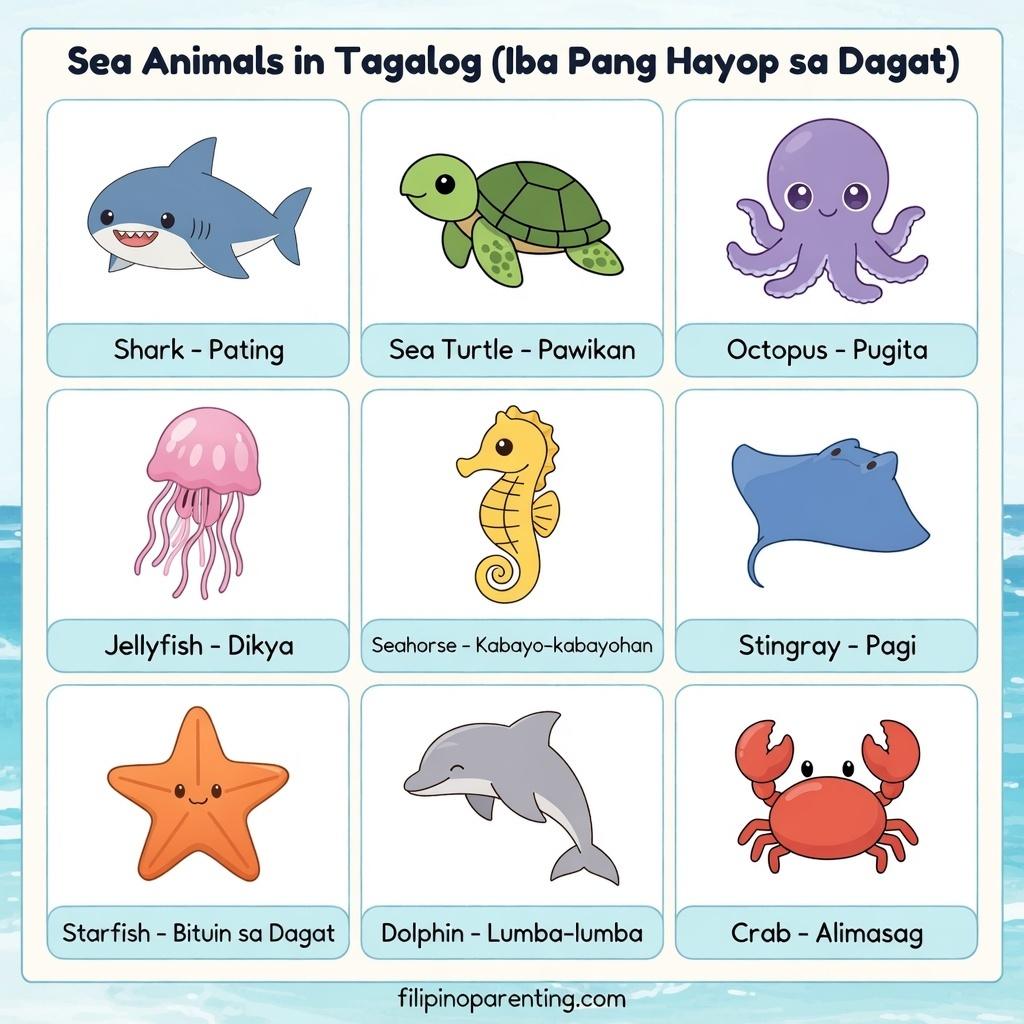 Sea Animals in Tagalog: 40+ Easy & Essential Ocean and Water Animal Names An educational chart showing various sea animals with English and Tagalog labels including Shark Pating, Sea Turtle Pawikan, Octopus Pugita, Jellyfish Dikya, Seahorse Kabayo-kabayohan, Stingray Pagi, Starfish Bituin sa Dagat, Dolphin Lumba-lumba, and Crab Alimasag.