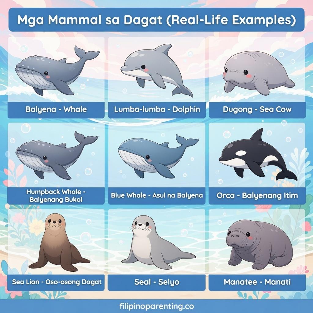 Sea Animals in Tagalog: 40+ Easy & Essential Ocean and Water Animal Names Educational chart showing common marine mammals with their English and Tagalog names, including a Whale (Balyena), Dolphin (Lumba-lumba), and Dugong (Sea Cow).