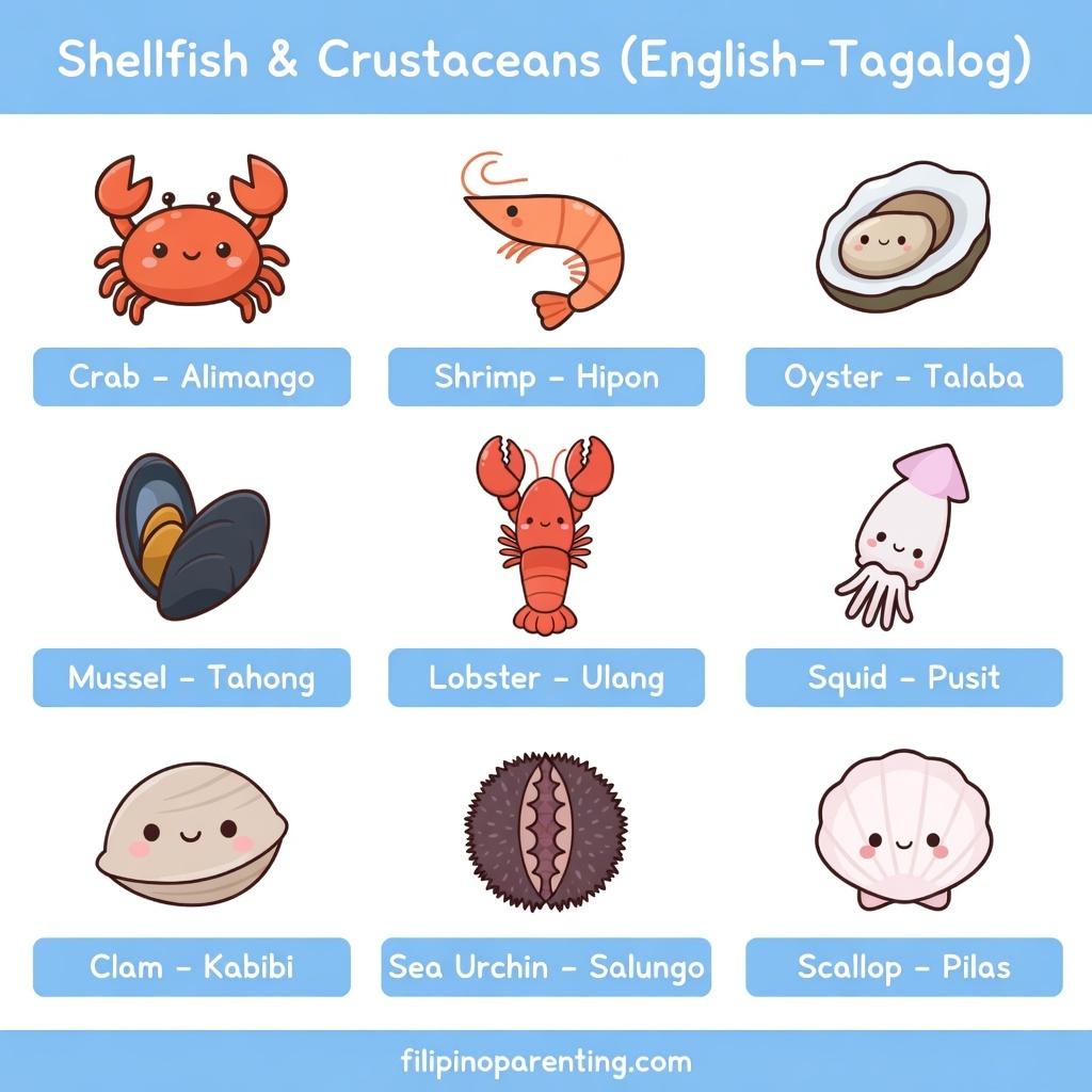 Sea Animals in Tagalog: 40+ Easy & Essential Ocean and Water Animal Names Educational chart of shellfish and crustaceans with English and Tagalog names including Alimango Crab, Hipon Shrimp, Talaba Oyster, Tahong Mussel, Ulang Lobster, Pusit Squid, Kabibi Clam, Salungo Sea Urchin, and Pilas Scallop.