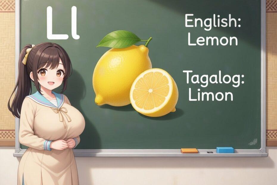 Anime-style illustration of a classroom chalkboard showing the word Lemon in English and Limon in Tagalog with a yellow lemon graphic.