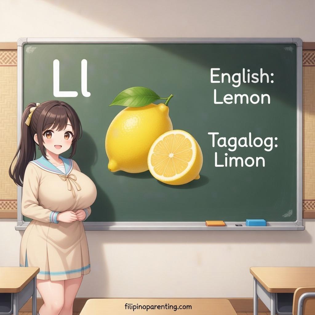 7 Essential Facts About Lemon in Tagalog: Meaning, Vocabulary, and Uses Anime-style illustration of a classroom chalkboard showing the word Lemon in English and Limon in Tagalog with a yellow lemon graphic.