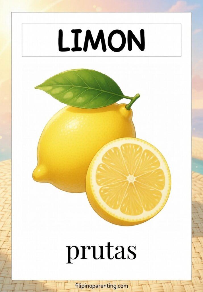 7 Essential Facts About Lemon in Tagalog: Meaning, Vocabulary, and Uses A vibrant yellow lemon with a green leaf and a fresh slice shown above the Tagalog words Limon and prutas.