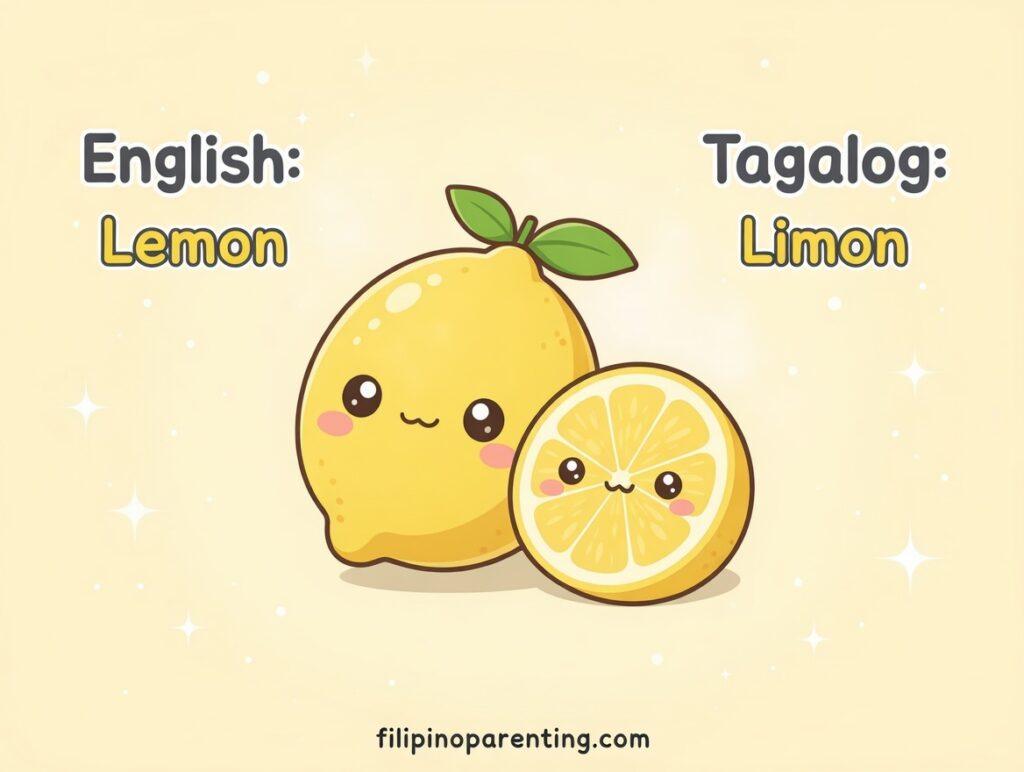 7 Essential Facts About Lemon in Tagalog: Meaning, Vocabulary, and Uses Kawaii style illustration of a smiling lemon and lemon slice with English and Tagalog translations for the word lemon.