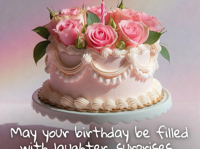 Beautiful romantic birthday cake adorned with pink roses and a lit candle, paired with a heartfelt message: “May your birthday be filled with laughter, surprises, and everything your heart desires. Maligayang Kaarawan, Love.” Soft pastel background with dreamy rainbow lighting creates an elegant and intimate celebration vibe. Perfect for sharing sweet birthday wishes for your partner, spouse, boyfriend, or girlfriend on social media, digital greeting cards, and Filipino birthday love messages.