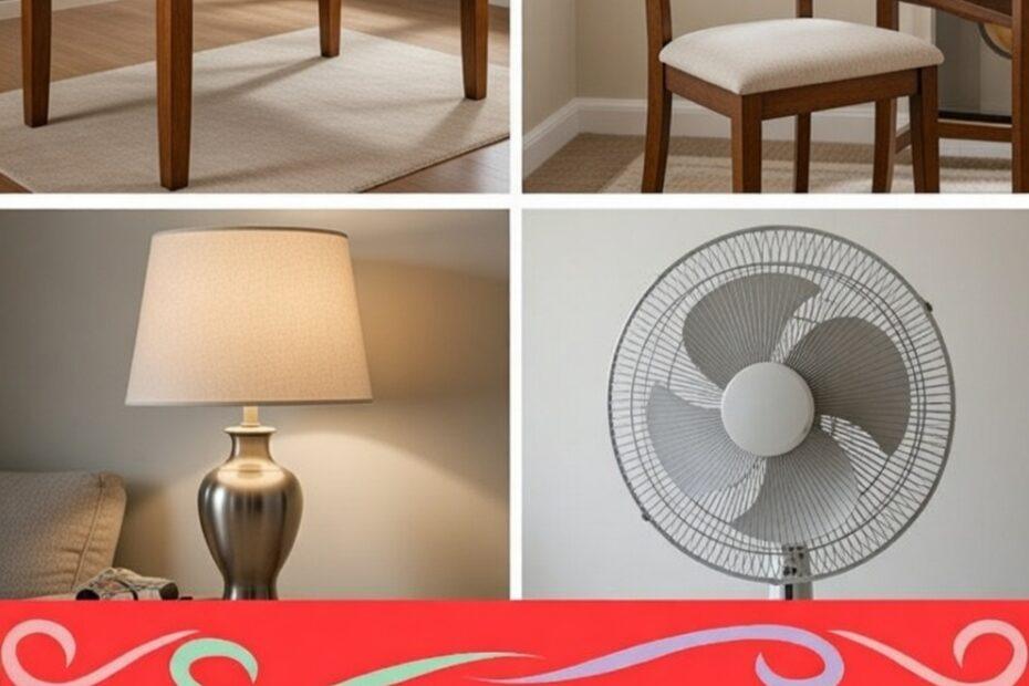 A clean and engaging educational collage showing everyday household items such as a dining table, chair, table lamp, and electric fan, presented under the title ‘Household Items in Tagalog.’ Ideal for Filipino vocabulary lessons, homeschool activities, and early learners who benefit from visual learning and bilingual labeling.