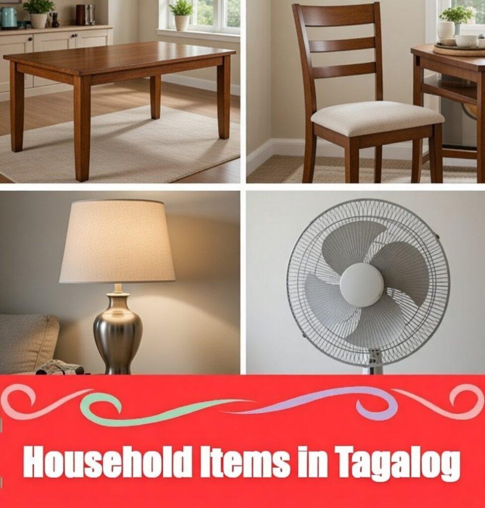 Essential Household Items in Tagalog: Meaning, Definition, Vocabulary, and 10 Example Sentences Per Section A bilingual educational graphic featuring common household items—table, chair, lamp, and electric fan—translated into Tagalog. Designed for kids, beginners, and Filipino language learners, this visual chart helps teach everyday home vocabulary through clear images and simple Tagalog labels.