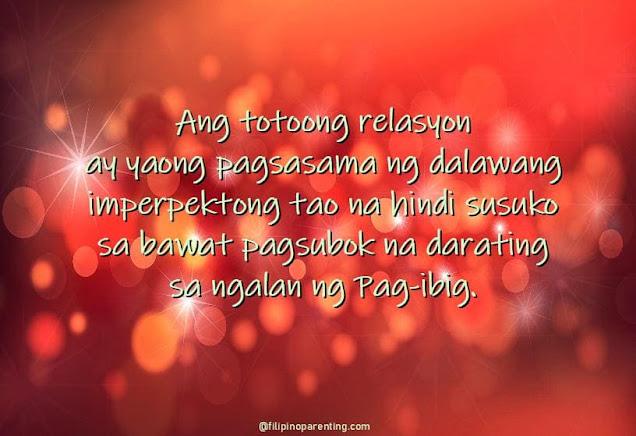 20 Tagalog Love Quotes for Him, Her, Wife, and Husband – Mga Kasabihan Tungkol sa Pag‑ibig Strong relationship quote in Tagalog: "A true relationship is two imperfect souls who never give up for love"