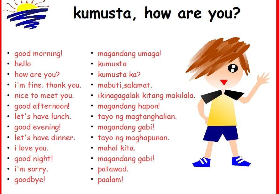 Table listing basic Tagalog greetings and English translations, including Kumusta, Magandang umaga, and Paalam.