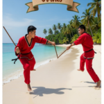 Arnis Pambansang Isport ng Pilipinas: 10 Powerful Facts About Its History and Meaning Filipino martial artists demonstrating Arnis Pambansang Isport ng Pilipinas techniques with sticks on a scenic beach.