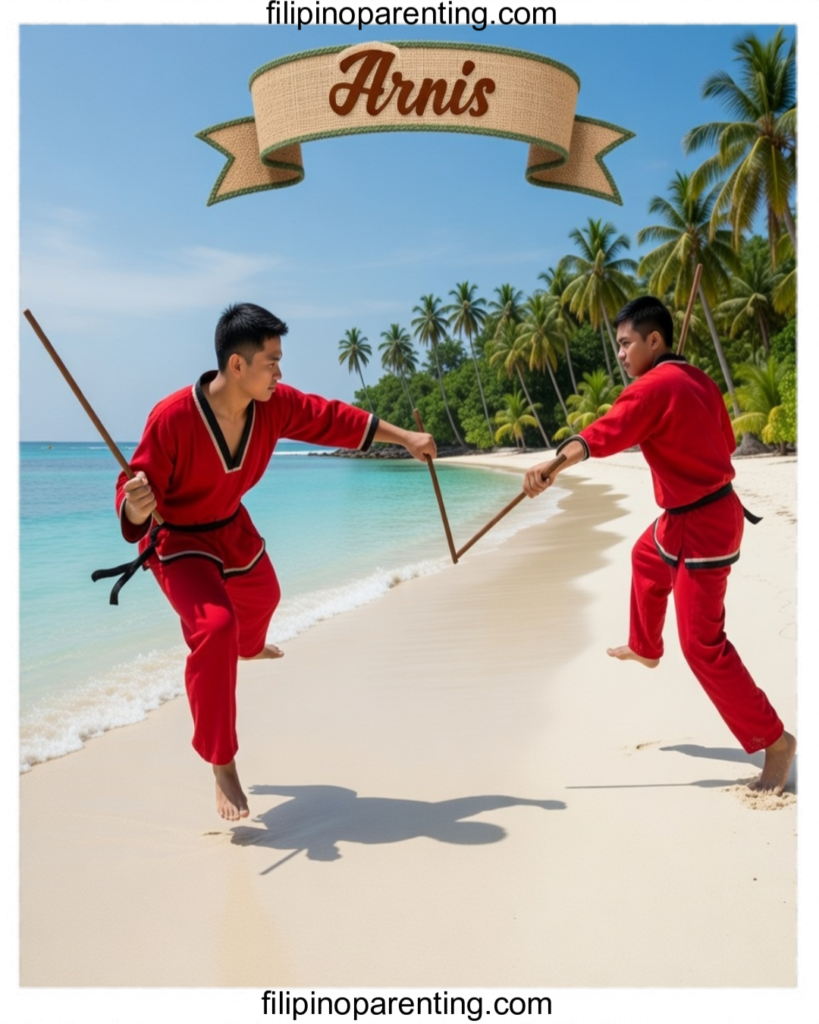 Arnis Pambansang Isport ng Pilipinas: 10 Powerful Facts About Its History and Meaning Arnis Pambansang Isport ng Pilipinas training scene showing two practitioners sparring with sticks on a Philippine beach.
