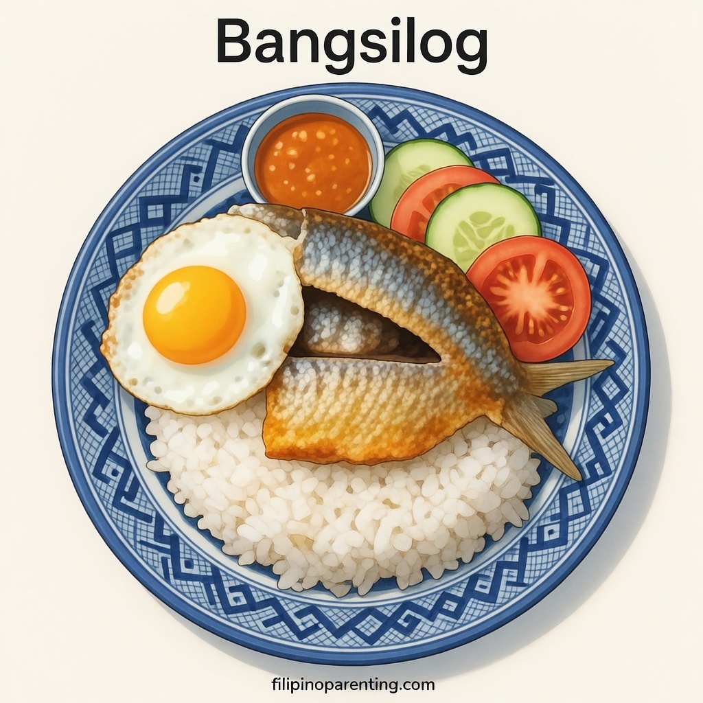 12 Types of Silog: Filipino Breakfast Favorites Explained (With Chart) A beautifully rendered Bangsilog plate with golden fried bangus, garlic rice, and a sunny‑side egg, styled with clean lines and gentle anime-inspired colors.