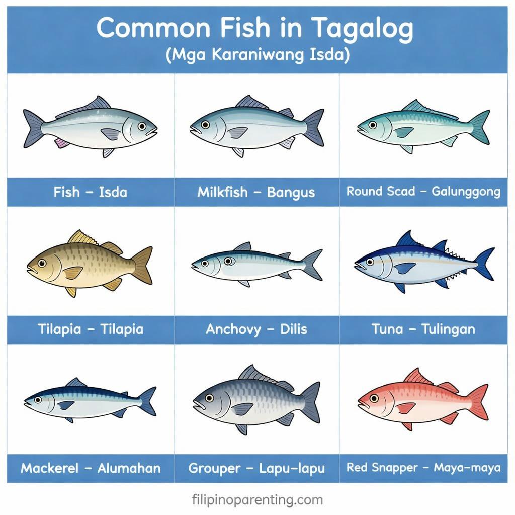 Sea Animals in Tagalog: 40+ Easy & Essential Ocean and Water Animal Names A chart of common fish including Milkfish Bangus, Round Scad Galunggong, Tilapia, Anchovy Dilis, Tuna Tulingan, Mackerel Alumahan, Grouper Lapu-lapu, and Red Snapper Maya-maya.