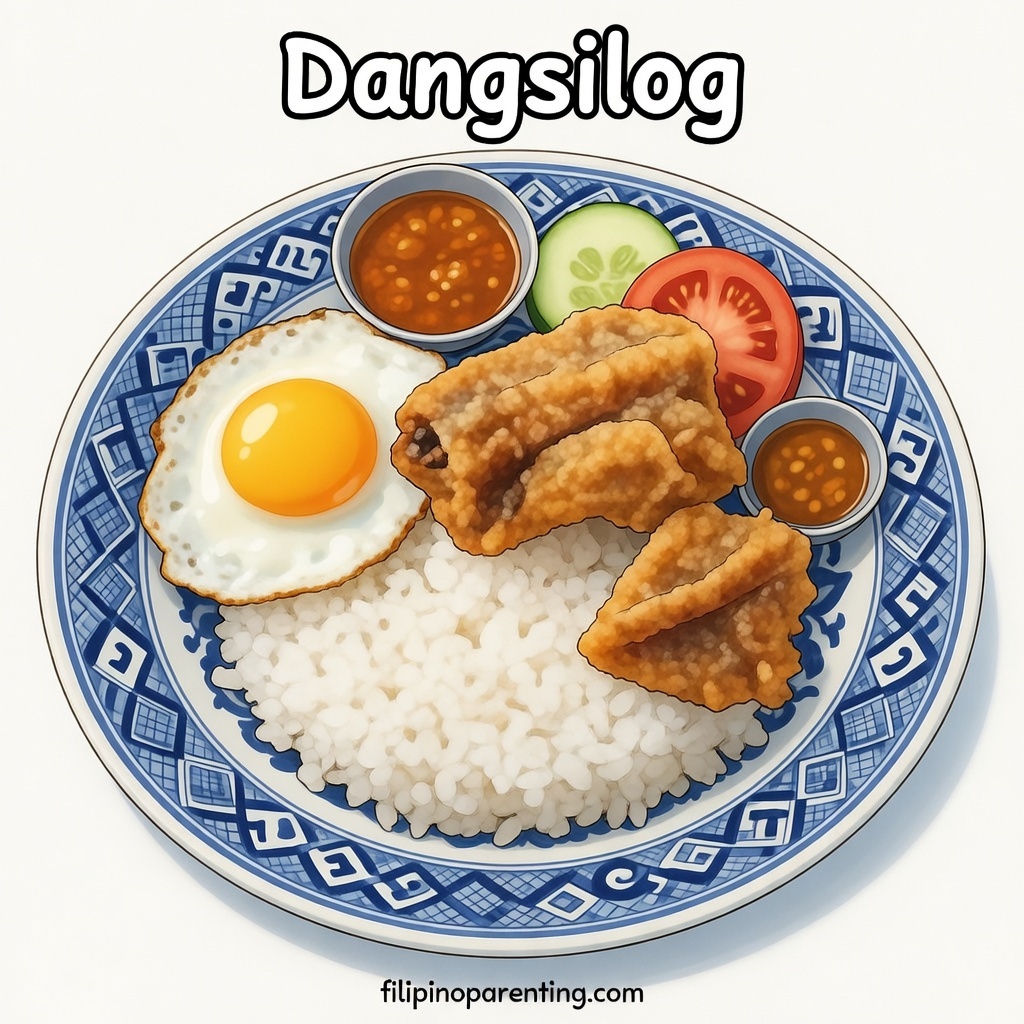 12 Types of Silog: Filipino Breakfast Favorites Explained (With Chart) A crisp and detailed Dangsilog artwork featuring crunchy danggit, garlic rice, and a sunny‑side egg, drawn with soft colors and a clean anime aesthetic.