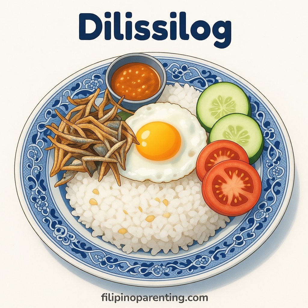 12 Types of Silog: Filipino Breakfast Favorites Explained (With Chart) A charming Dilissilog illustration showing crispy fried dilis, garlic rice, and a sunny‑side egg on a Filipino ceramic plate, drawn with a light and friendly anime touch.
