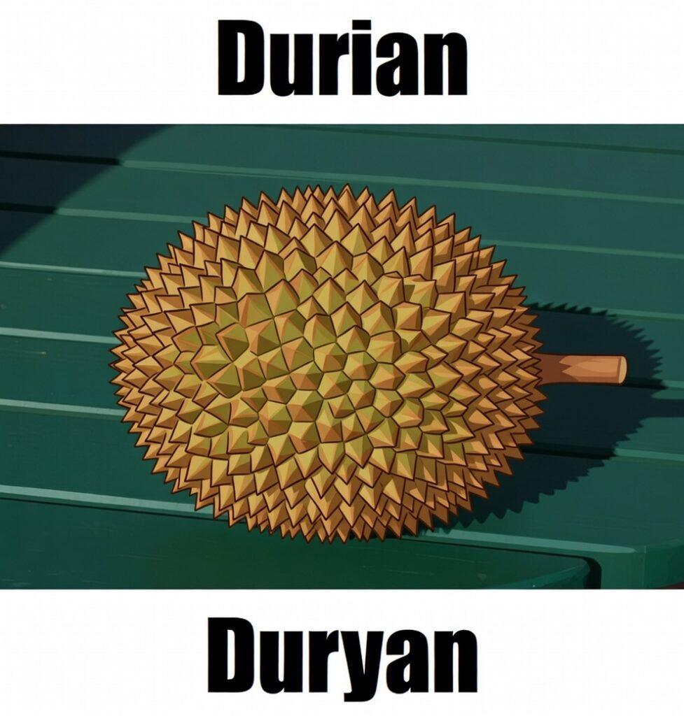 Durian in Tagalog: 15 Powerful Facts, Meaning, Vocabulary, and Example Sentences Durian in Tagalog is ‘duryan.’ This simple fruit‑vocabulary image helps learners recognize duryan and other Filipino fruit names for easy and fun Tagalog learning.