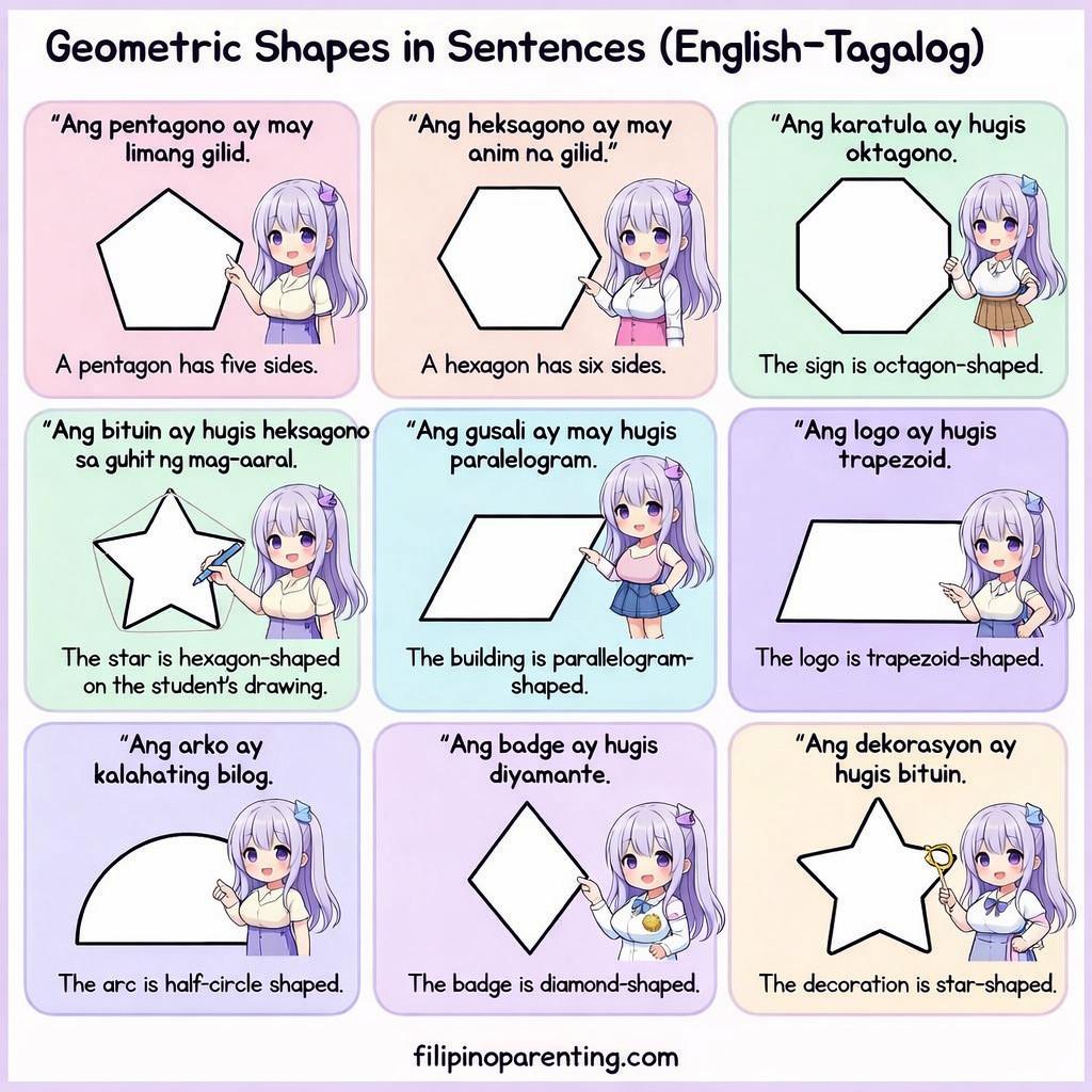15 Essential Shapes in Tagalog to Master Your Filipino Vocabulary A visual guide showing advanced geometric shapes in Tagalog sentences, including pentagono, heksagono, and parigapay with anime-style characters.