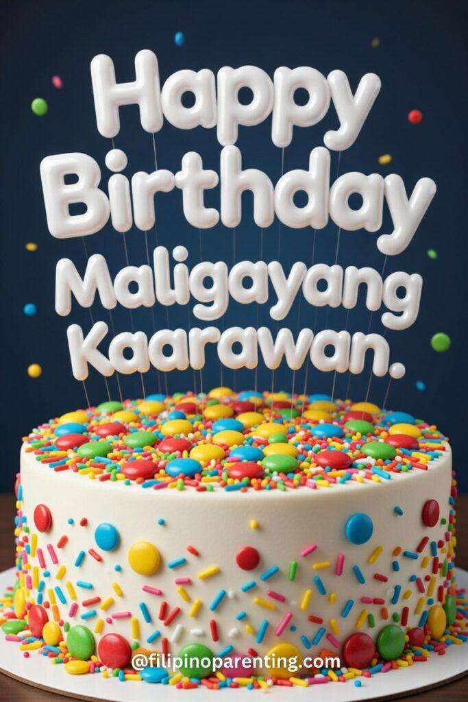 50 Happy Birthday in Tagalog: Words, Greetings, and Examples (Maligayang Kaarawan & Kapanganakan Celebrate with a vibrant 3D birthday poster featuring "Happy Birthday" and "Maligayang Kaarawan." This colorful design showcases a delicious sprinkle cake with chocolate frosting, perfect for Filipino birthday celebrations and social sharing.