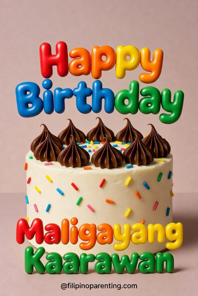 50 Happy Birthday in Tagalog: Words, Greetings, and Examples (Maligayang Kaarawan & Kapanganakan Colorful 3D birthday poster with a sprinkle cake and bilingual greetings: "Happy Birthday" and "Maligayang Kaarawan." Perfect for Filipino families celebrating a special milestone.