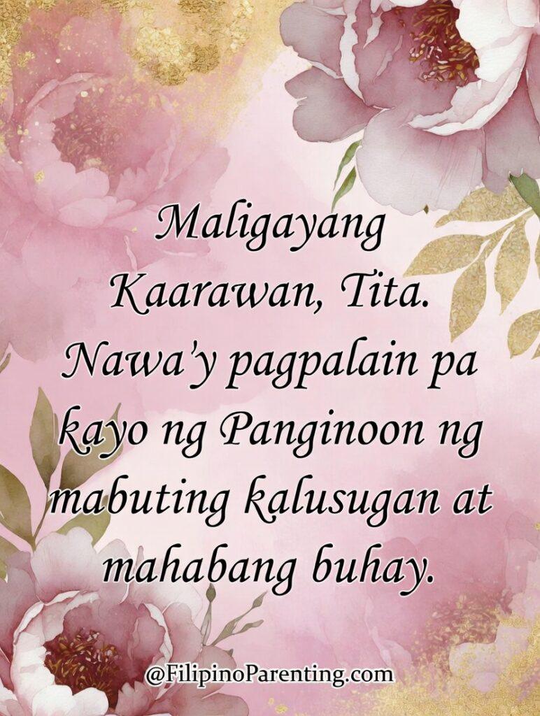 Maligayang Kaarawan Tita: 20 Heartfelt Birthday Messages, Prayers, and Quotes Send warm birthday wishes to your favorite aunt with this chic, pastel-themed birthday graphic. 🎂✨ Words like "second mother" and "true friend" highlight the unique bond in Filipino culture. Featuring sophisticated serif typography and a delicate pink peony cake. Check out @FilipinoParenting.com for more family-centered inspiration. #AuntBirthday #FilipinoCulture #BirthdayPoster #PastelAesthetic