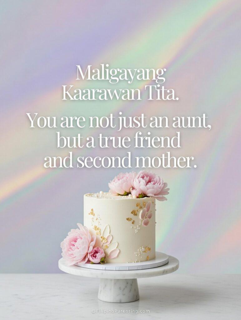 Maligayang Kaarawan Tita: 20 Heartfelt Birthday Messages, Prayers, and Quotes Honor the woman who is "not just an aunt, but a true friend and second mother" with this stunning vertical birthday poster. Featuring the Tagalog greeting "Maligayang Kaarawan Tita," the design pairs a minimalist floral cake with a dreamy, iridescent rainbow backdrop. A perfect digital card for Filipino families celebrating the wisdom and love of a beloved Tita. Created for @FilipinoParenting.com.