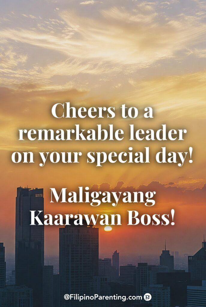 Maligayang Kaarawan Boss: 20 Professional Birthday Messages, Wishes, and Quotes High-quality vertical birthday poster for managers and executives. Navy background with gold accents and white serif typography. Text reads: 'Maligayang Kaarawan, Boss!' with a Filipino prayer for continued blessings and good health. Credits to @FilipinoParenting.com.
