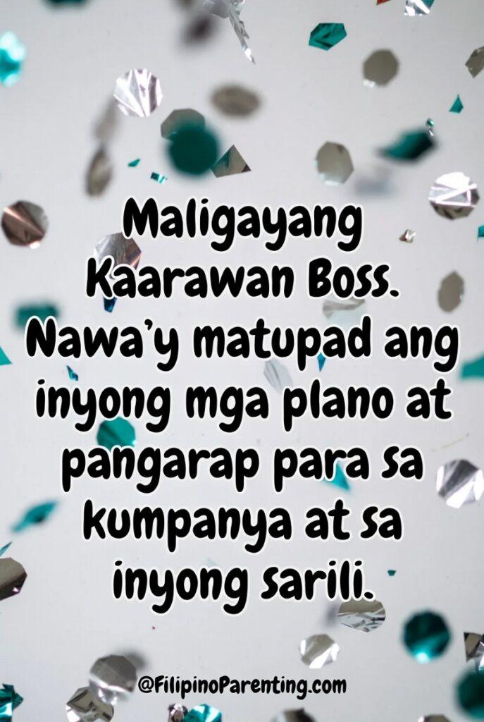 Maligayang Kaarawan Boss: 20 Professional Birthday Messages, Wishes, and Quotes Celebrate your Filipino boss with this stylish birthday poster. Featuring a heartfelt Tagalog blessing for success and health, this portrait-oriented greeting card is designed for respectful professional relationships. Shared by FilipinoParenting.com.