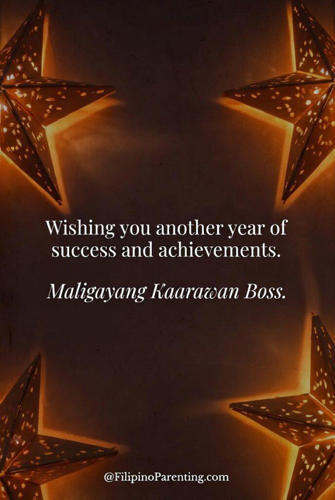 Maligayang Kaarawan Boss: 20 Professional Birthday Messages, Wishes, and Quotes Elegant birthday greeting card for a boss featuring warm glowing star lanterns and the message “Wishing you another year of success and achievements. Maligayang Kaarawan Boss.” Set against a rich, dark background with ambient lighting, this professional and heartfelt design is perfect for corporate birthday greetings, leadership appreciation posts, office celebrations, and social media shares honoring a manager or company executive.