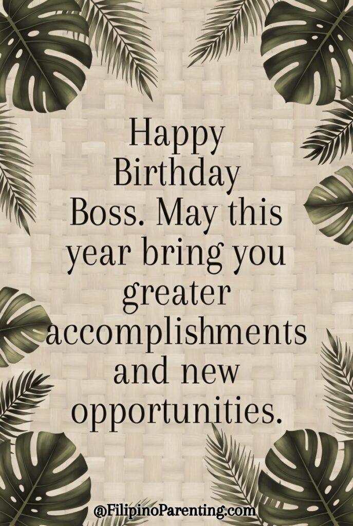 Maligayang Kaarawan Boss: 20 Professional Birthday Messages, Wishes, and Quotes A portrait poster with a light 'Abaca' weave texture background. Elegant, tropical leaf borders (Monstera and Palm). Center text: 'Happy Birthday Boss'. At the very bottom, in a tiny, clean font: '@FilipinoParenting.com'.