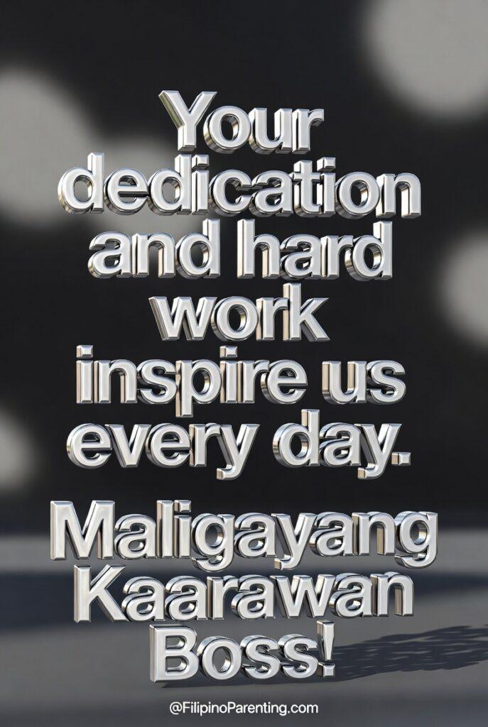 Maligayang Kaarawan Boss: 20 Professional Birthday Messages, Wishes, and Quotes Modern 3D typography birthday greeting for a boss featuring metallic silver text that reads, “Your dedication and hard work inspire us every day. Maligayang Kaarawan Boss!” Set against a sleek blurred background, this professional and motivational design is perfect for corporate birthday messages, leadership appreciation posts, office celebrations, and social media tributes honoring a manager, supervisor, or company executive.