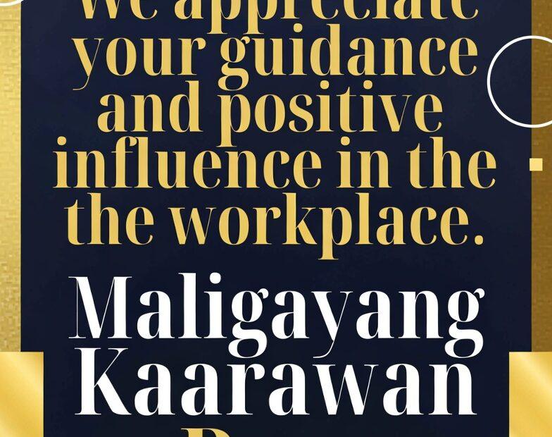 Elegant navy blue and gold birthday greeting card for a boss featuring the message, “We appreciate your guidance and positive influence in the workplace. Maligayang Kaarawan Boss.” Designed with a modern corporate layout and luxurious gold accents, this professional birthday card is perfect for leadership appreciation posts, office celebrations, company social media greetings, and honoring a manager, supervisor, or executive with a heartfelt and respectful message.