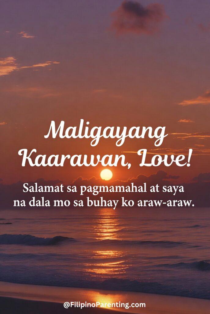 Maligayang Kaarawan Love: 20 Sweet Birthday Messages, Prayers, and Quotes Romantic “Maligayang Kaarawan, Love!” birthday greeting set against a breathtaking sunset beach backdrop with warm golden hues reflecting over calm ocean waves. Features a heartfelt Filipino message expressing gratitude for love and happiness shared every day. Perfect for couples, partners, husband, wife, boyfriend, or girlfriend—ideal for social media birthday posts, digital greeting cards, and Tagalog birthday wishes for your special someone.