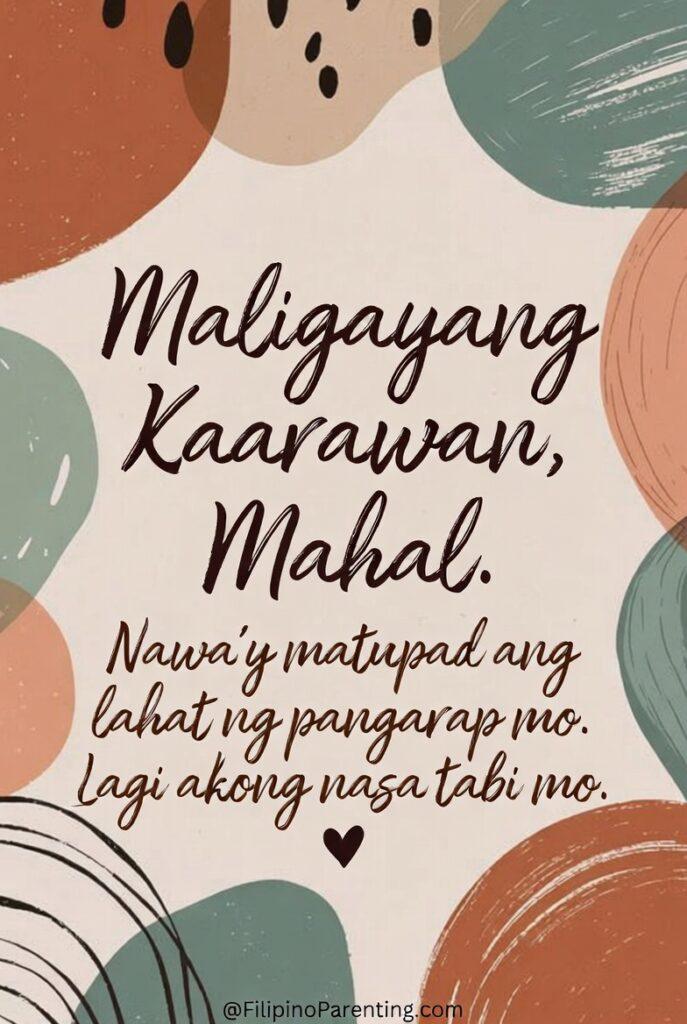 Maligayang Kaarawan Love: 20 Sweet Birthday Messages, Prayers, and Quotes Modern “Maligayang Kaarawan, Mahal” birthday greeting card featuring stylish handwritten typography on a soft abstract pastel background with earthy tones and playful shapes. Includes a heartfelt Tagalog message wishing that all dreams come true and promising unwavering support. Perfect for romantic birthday wishes for your partner, spouse, boyfriend, or girlfriend—ideal for social media posts, printable greeting cards, and Filipino love messages.
